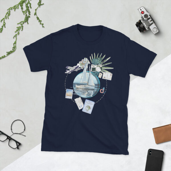 Eco travel t-shirt with sailboat, passport and camera design – Ocean Passport Tee for nature lovers